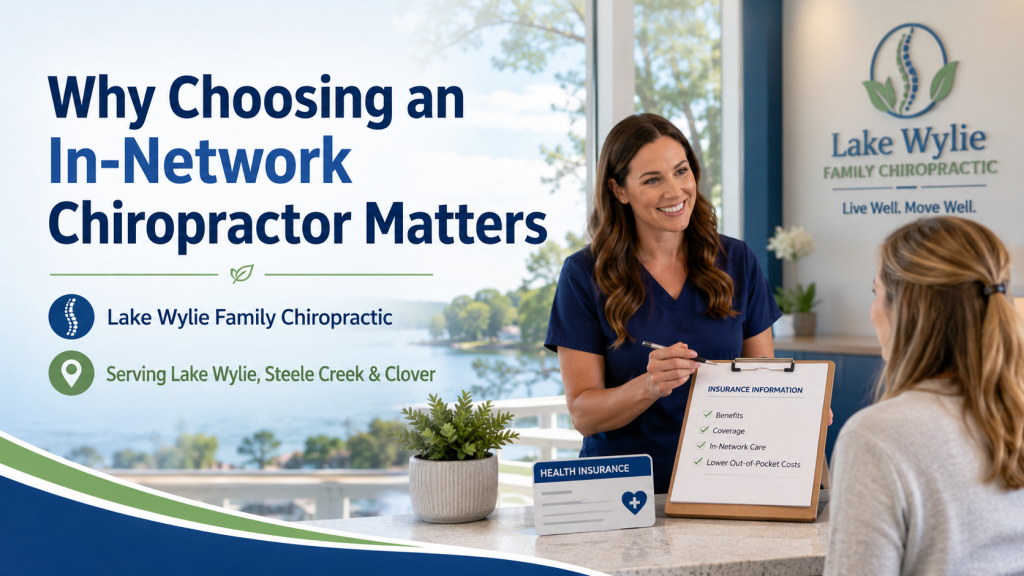 Lake Wylie Family Chiropractic staff member discussing in-network chiropractic insurance benefits with a patient near Lake Wylie, serving Steele Creek and Clover