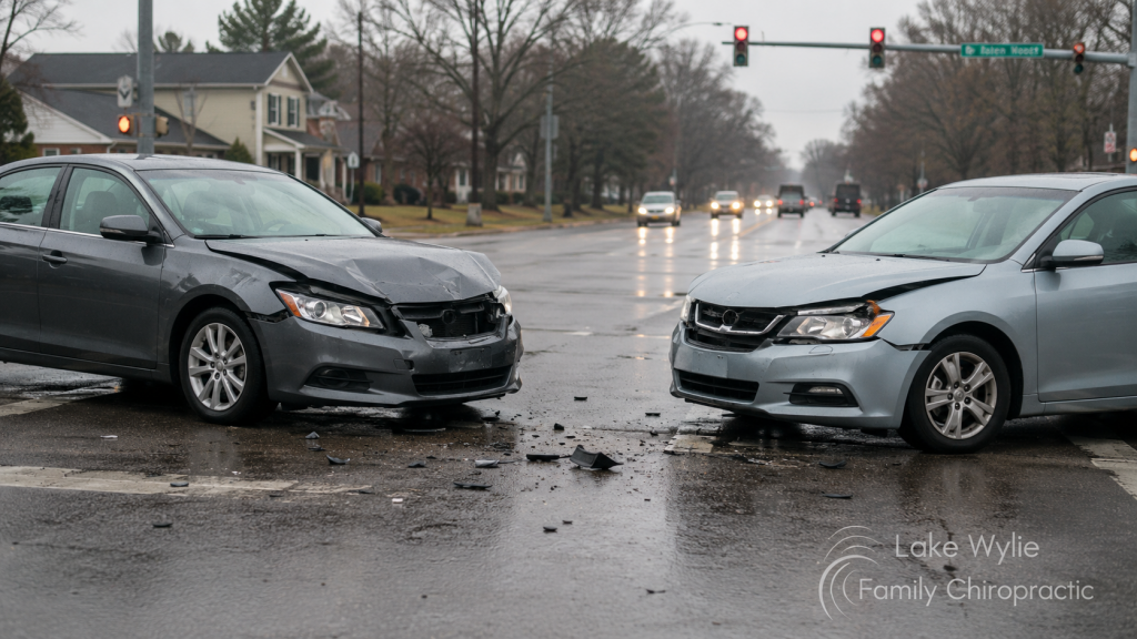 Two damaged cars at an intersection following an auto accident in Lake Wylie, South Carolina.